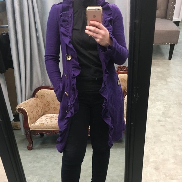 LUII Wool Purple Ruffle Front Jacket Coat Sweater - Picture 15 of 16